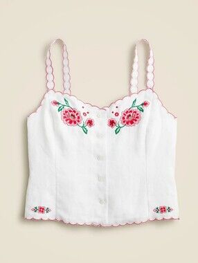 J.Crew Linen White Floral Embroidered Button-down with Pink And Green Accents